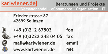 karlwiener.de - Beratungen und Projekte - Versandhandel, eCommerce und IT, Friedenstrasse 87, 42699 Solingen - fr automatische Mail bitte anklicken